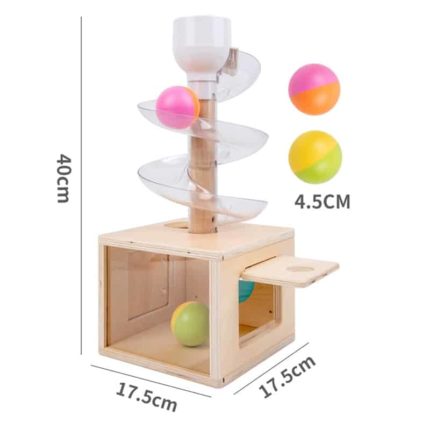 A Holzkasten Rutsche Objektpermanenz 3 Ausgänge mit Kugeln und Rutsche im Inneren.
