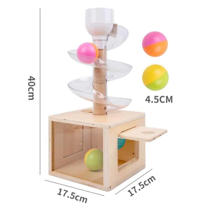 A Holzkasten Rutsche Objektpermanenz 3 Ausgänge mit Kugeln und Rutsche im Inneren.