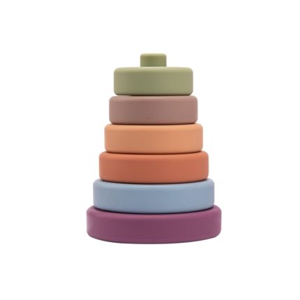 Ein bunter Stapel Ringe Set mit 6 Bausteinen aus weichem Silikon für Babys.