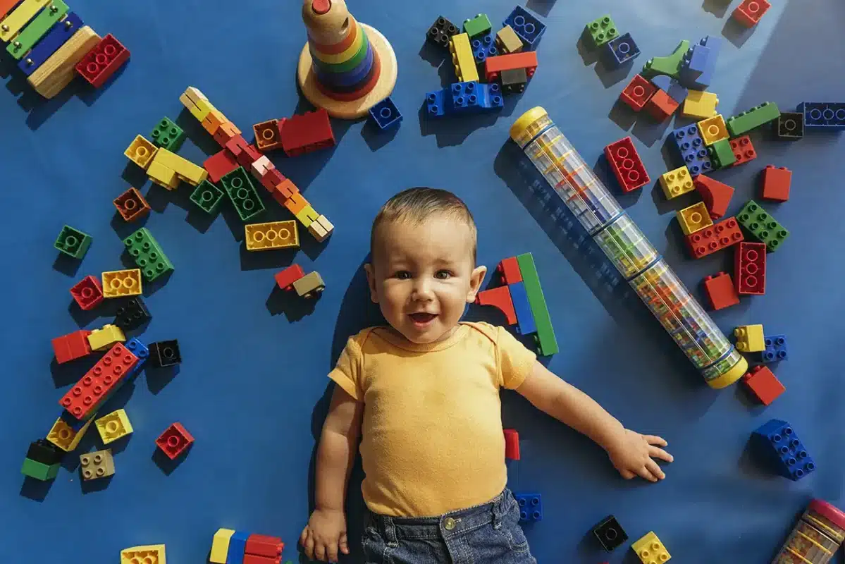Ein Baby ist auf einem blauen Boden von Montessori-Spielzeug umgeben.