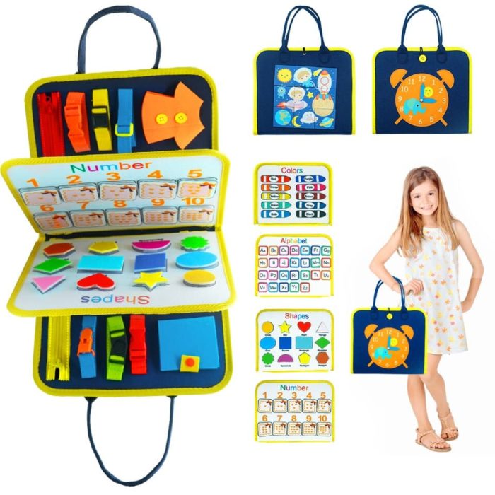 Ein kleines Mädchen hält eine Tasche Montessori Sensorisches Set 7 in 1.