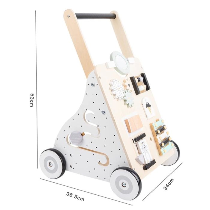 Ein Baby-Schiebe-Lauflernwagen - Multi-Aktivitäten - Pastellfarben mit Spielzeug darauf.