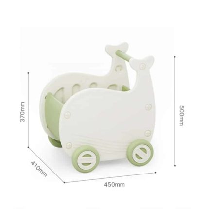 Ein Lauflernwagen - Wal grün und weiß mit Maßen.