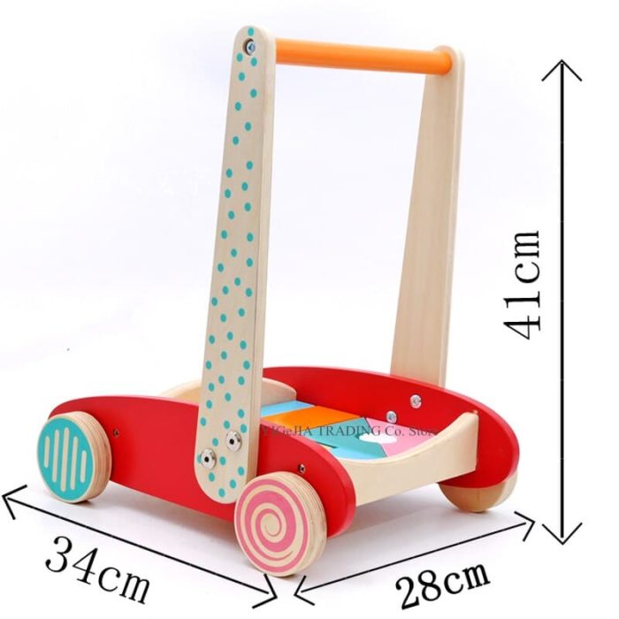Un Pousseur Bébé - Baukasten aus Holz mit einem Design aus roten und blauen Punkten.