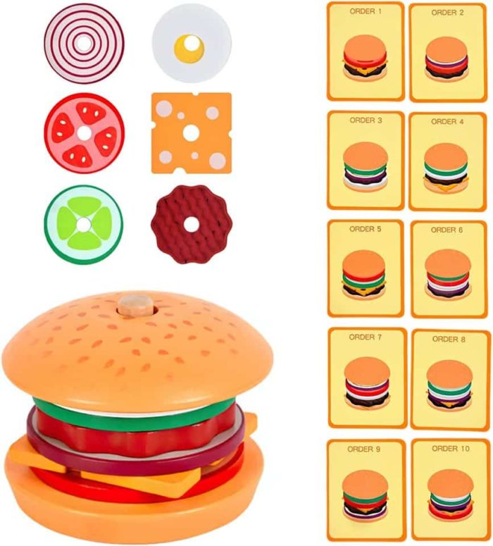 Ein stapelbares Spiel mit Hamburger-Stapelspiel und verschiedenen Lebensmitteln.