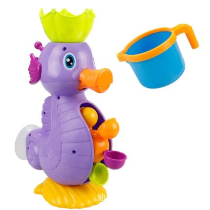 Ein Badespielzeug Dusche Seepferdchen mit einem Eimer zum Baden.