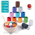 Ein Set aus Montessori Holzspielzeug Kugel und Sortierbecher, um verschiedenfarbige Kugeln mit Löffeln zu sortieren.