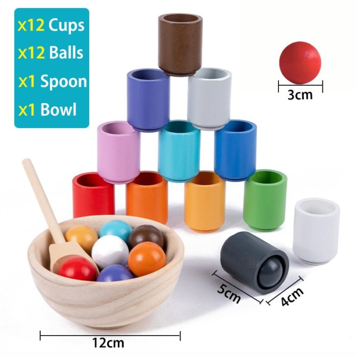 Ein Set aus Montessori Holzspielzeug Kugel und Sortierbecher, um verschiedenfarbige Kugeln mit Löffeln zu sortieren.