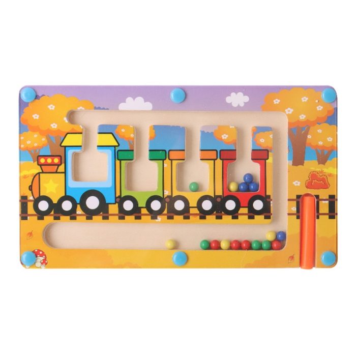 Ein Eisenbahnspielzeug aus Holz mit bunten Perlen und einem magnetischen Labyrinth aus Holz - Montessori-Puzzle.
