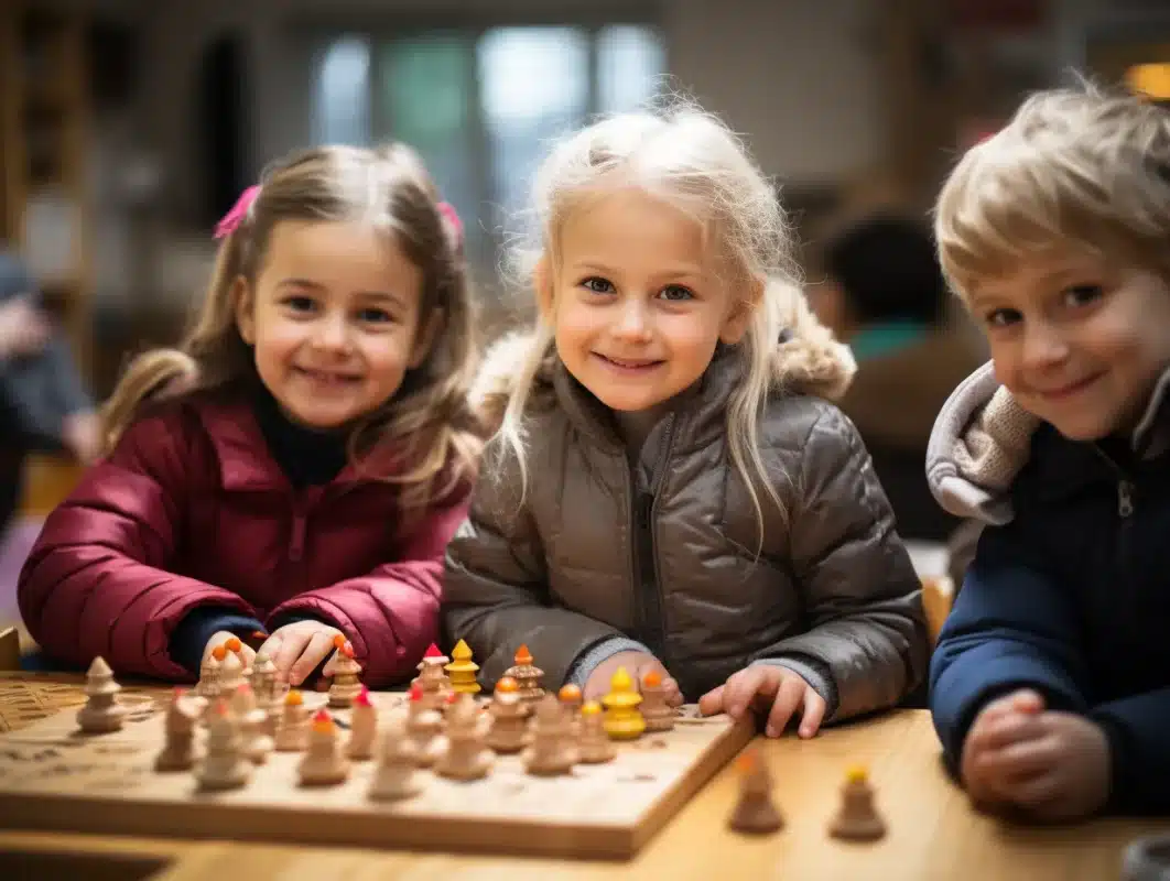 Drei Kinder spielen in einem Klassenzimmer Schach mithilfe von Montessori-Lernspielen.