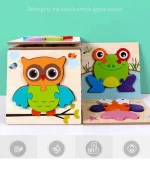 Ein Set von Holzpuzzles mit Eulen und Fröschen.