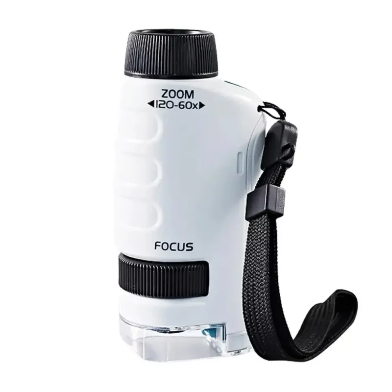 Ein tragbares Mikroskop auf weißem Hintergrund.