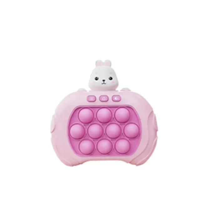 QuickPush - Rosa Reflexspielzeug mit einem Hasen darauf.