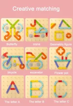 Farbige Lehrtafeln für Kinder, die kreative Assoziationen zwischen Buchstabenkompositionen und Objekten wie einem Schmetterling, einem Kranich, einer geometrischen Figur, einem Fahrrad, einer Schaufel, einem Blumentopf und den Buchstaben a, b, c mit dem Montessori-Baukasten mit variablen Formen - Kopiervorlage zeigen.