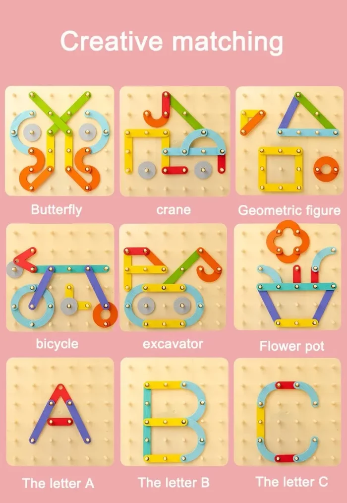 Farbige Lehrtafeln für Kinder, die kreative Assoziationen zwischen Buchstabenkompositionen und Objekten wie einem Schmetterling, einem Kranich, einer geometrischen Figur, einem Fahrrad, einer Schaufel, einem Blumentopf und den Buchstaben a, b, c mit dem Montessori-Baukasten mit variablen Formen - Kopiervorlage zeigen.