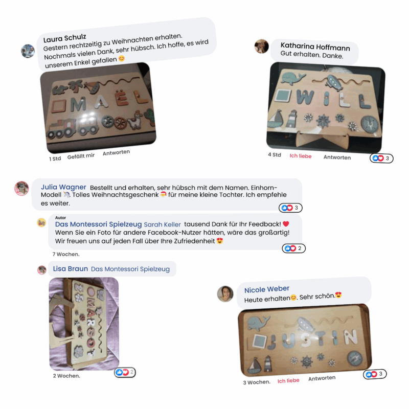 Collage aus Kundenbewertungen mit Fotos, die personalisierten Namenspuzzles aus Holz und positiven Kommentaren auf Deutsch zu deren Qualität und Aussehen zeigen.