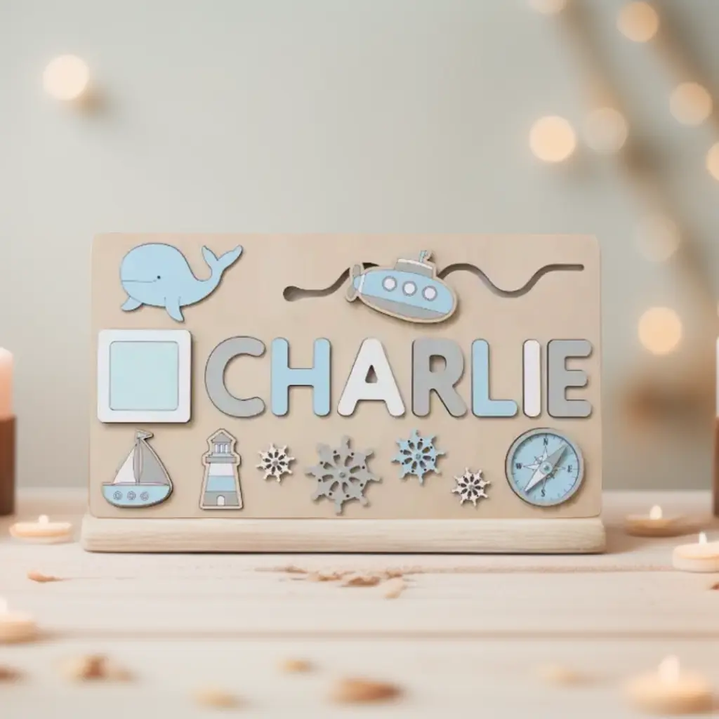 Ein hölzernes Namenspuzzle mit der Aufschrift "CHARLIE" und blauen Formen zum Thema Meer, darunter ein Wal, ein U-Boot, ein Segelboot, ein Leuchtturm, Schneeflocken und ein Kompass.